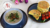 Champignon - Cremesuppe und Harcha mit Feta und Oliven